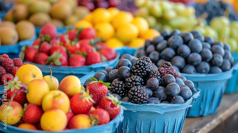 Assortment of fresh fruits in blue baskets at a market stall. Assortment of fresh fruits in blue baskets at a market stall.