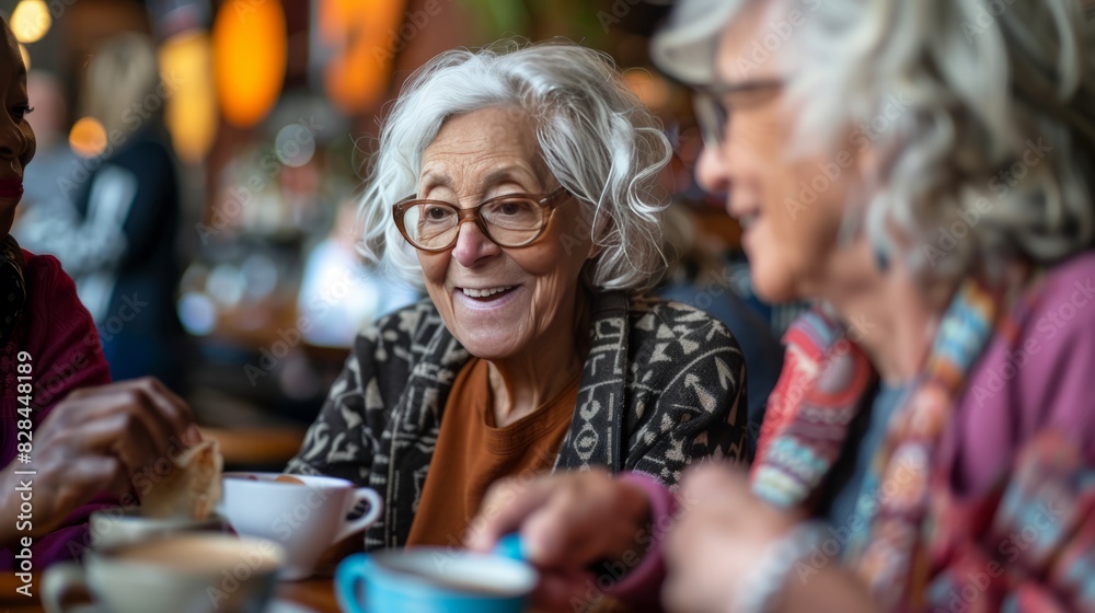 Three women are sitting at a table in a cafe, smiling Three women are sitting at a table in a cafe, smiling