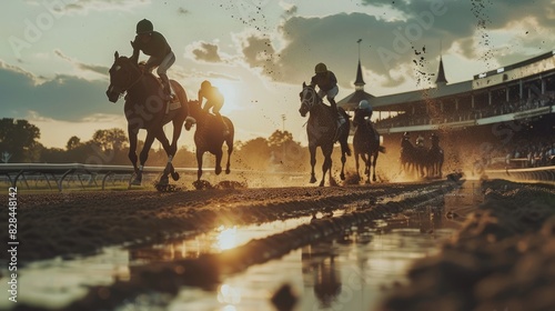 A horse race is taking place with the sun setting in the background