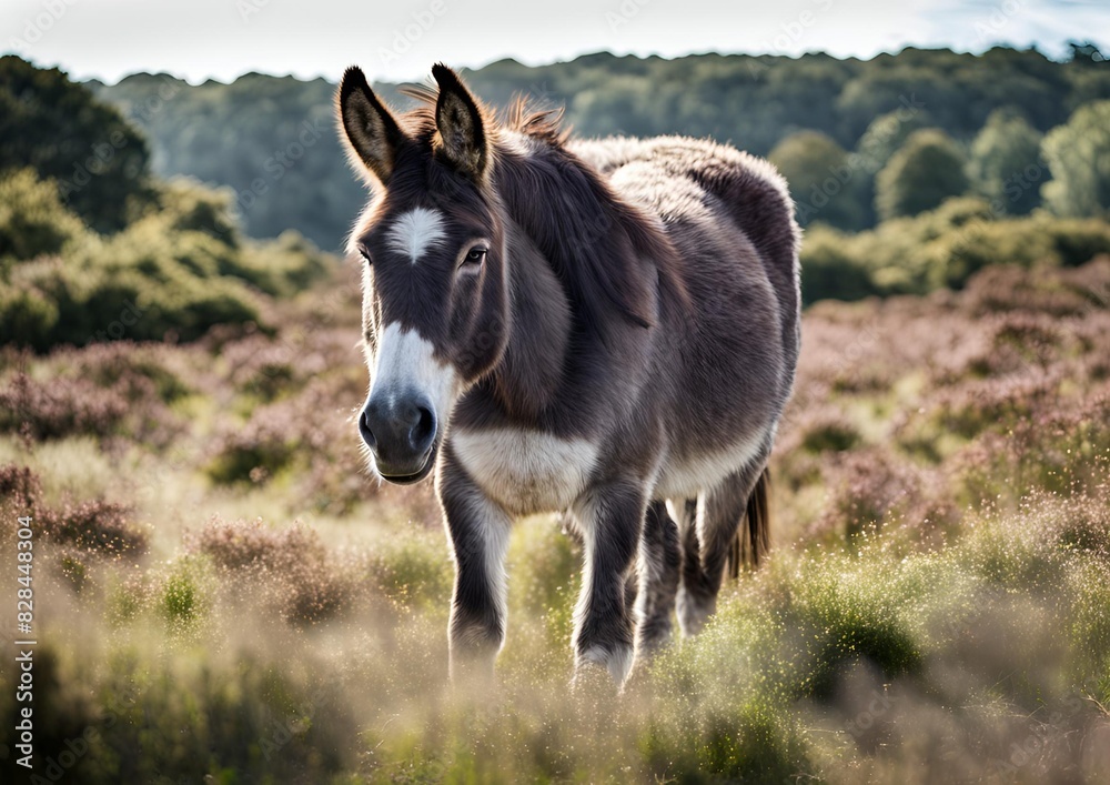 A hinny, a crossbreed between a donkey and a horse, in the New Forest, England, UK. This heathland area is home to wild hinnies and mules. A hinny, a crossbreed between a donkey and a horse, in the New Forest, England, UK. This heathland area is home to wild hinnies and mules.