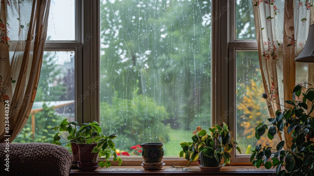 A window with a view of a garden and a potted plant A window with a view of a garden and a potted plant
