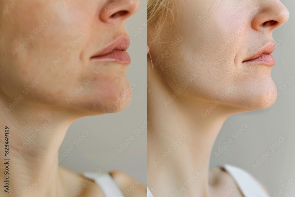 Obraz premium Comparison of a woman's face before and after retouching. Ideal for beauty and skincare concepts