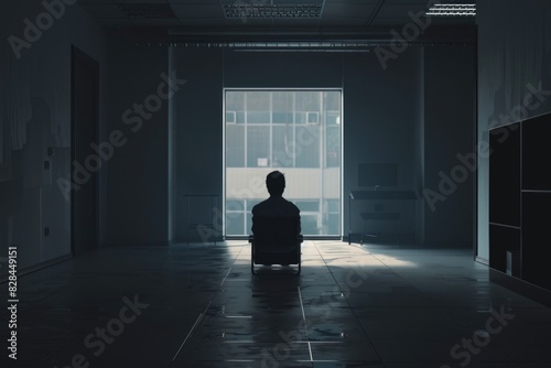 A person sitting in a dark room. Suitable for psychological concepts