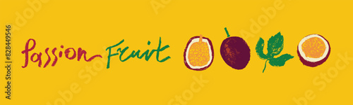 Passion fruit vector drawing in hand drawn style with rough charcoal and graphite texture. Color granadilla symbol for cosmetics, yogurt packaging, fruits puree labels. Hand lettering passion fruit