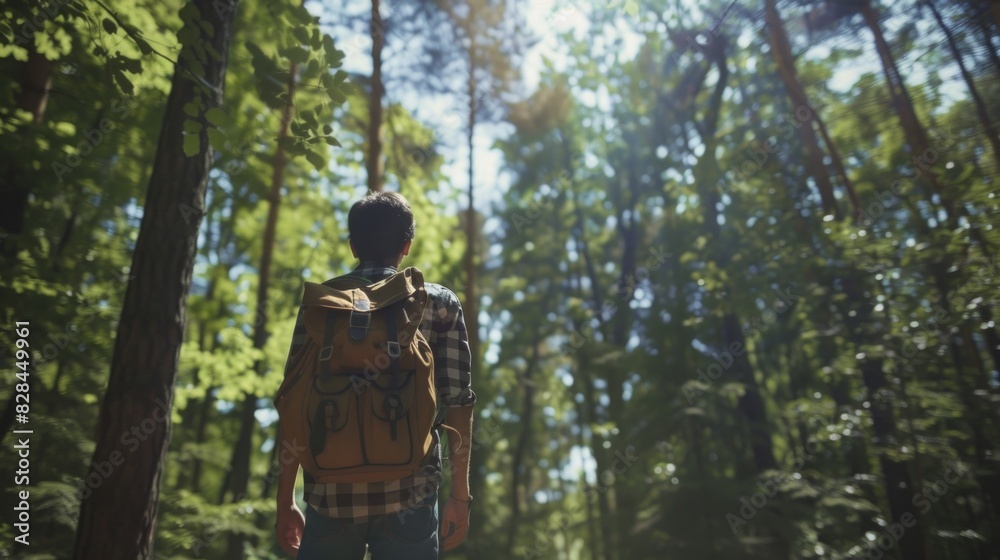 A man with a backpack walking through a forest. Suitable for outdoor and adventure concepts