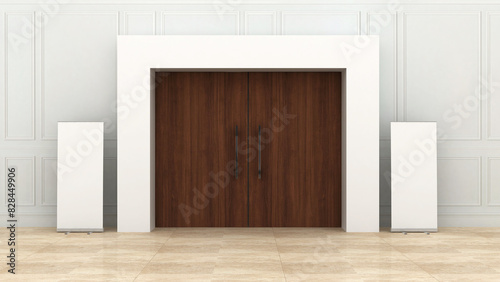 3D rendering of Blank white box Entrance Arch with standee for Event or Exhibition stand gate Entrance Arch mockup in hotel floor or lobby, Mock-up of HD Entrance branding for door.