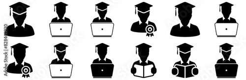 Set Of Linear Academic Graduation Education Student Glyph Icons Isolated Silhouette Solid Icons With University,Graduate,Graduation,Student,Online Set Vector Flat Line Icons