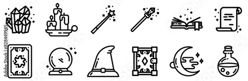 Set Of A Wizards World Isolated Silhouette Solid Icons With Wizard,Spells,Magic,Halloween,Witch Stroke Icon Collection. Vector Illustration