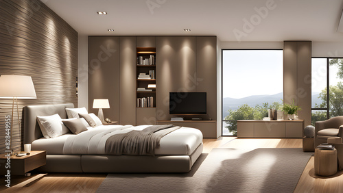 Modern bedroom design  modern home style  double beds and cabinets  high-end hotel bedroom  cozy house real estate  background and banners