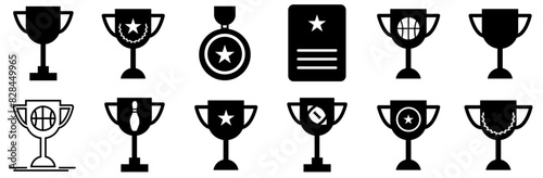Set Of Linear Achievement Isolated Silhouette Solid Icons With Winner,Achievement,Award,Trophy,Sport-Trophy Simple Black Style Symbol Sign For Apps And Website, Vector Illustration