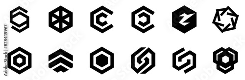 Set Of Abstract Hexagon Icons Silhouette Vector Logo Design Containing Abstract,Abstract-Hexagon,Geometric,Hexagon,Line Outline Icons Collection. Simple Vector Illustration