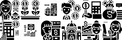 Mega Set Of Vector Accounting Glyph Icons Web Header Banner Design Containing Money,Financial,Bank,Analysis,Revenue Vector Icon Set Linear Pictogram Pack