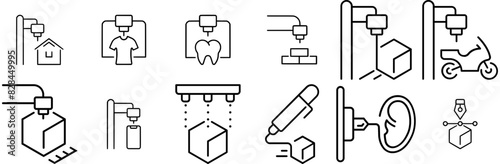 Set Of Linear D Print Vector Symbols Apps, Websites Ui Designs Suitable For Printer,Print,Printing,Technology,3D Vector Illustration Linear Pictogram Pack