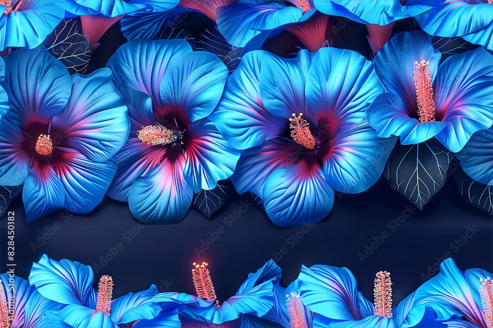Obraz premium A blue flower with a pink center is shown in a row