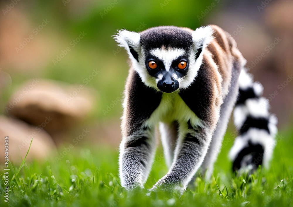 Obraz premium A playful Lemur catta strides confidently across a vibrant green lawn, its striking striped tail held high against a softly focused background of earthy rocks.