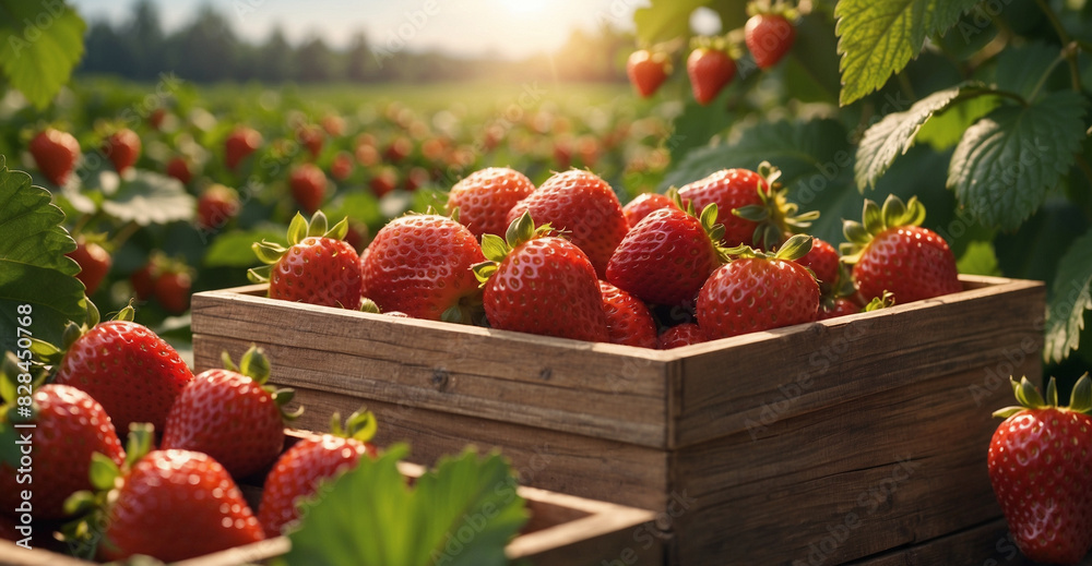 bokeh strawberries packaged in wooden boxes in the strawberry field area bokeh strawberries packaged in wooden boxes in the strawberry field area