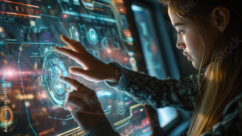 A hyper-realistic detailed photo of a woman using a hologram touch computer, editorial photography style, wideshot  photo