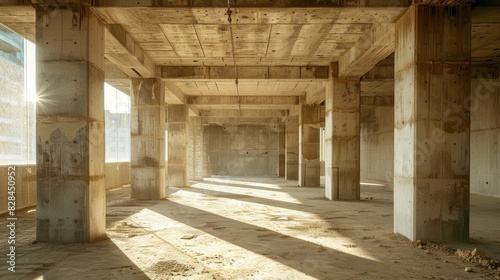 Sunlight filters through unfinished concrete structures.