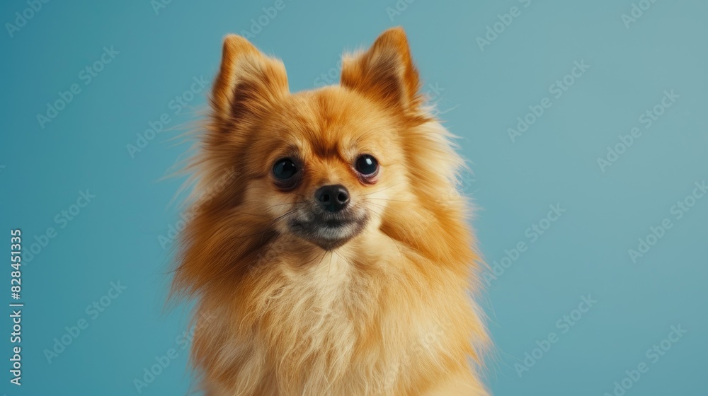 Pomeranian against a blue backdrop Pomeranian against a blue backdrop