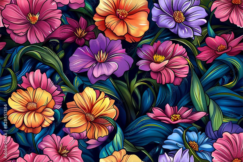 A colorful flower garden with a blue background A colorful flower garden with a blue background