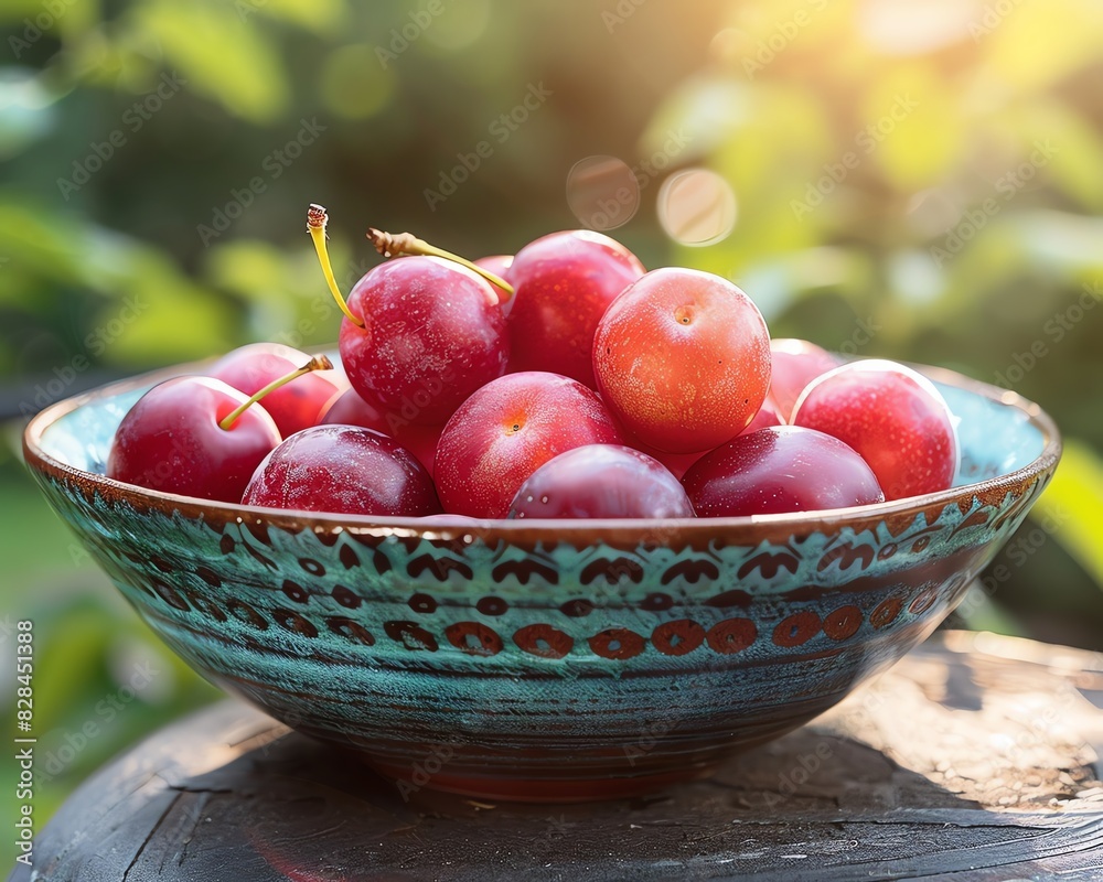Fresh red plums in a rustic bowl outdoors.