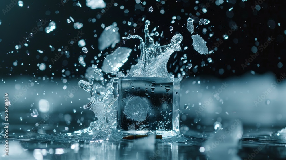 An ice cube dramatically splashes into water, with droplets and shards of ice captured mid-air in striking detail. An ice cube dramatically splashes into water, with droplets and shards of ice captured mid-air in striking detail.
