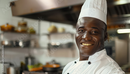 A smiling chef in a white hat stands in front of a kitchen counter with various