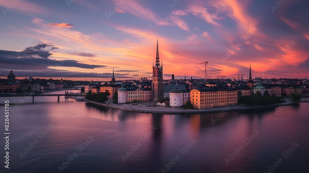 Sunset over Riddarholmen church in old town Stockholm city, Swed

