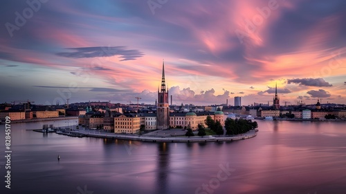 Sunset over Riddarholmen church in old town Stockholm city, Swed 