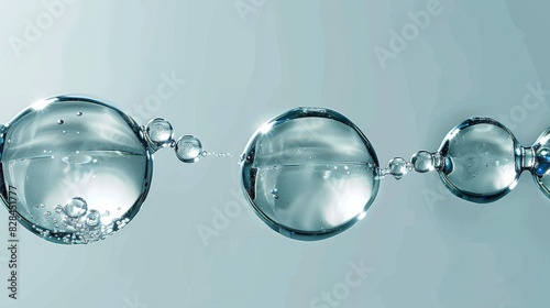 https://s.mj.run/xPAYvERzB3Y ,On a light blue background, three large water beads on the left are connected by small spheres into an endless chain, close-up shot, simple and generous, high resolution, photo