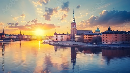Sunset over Riddarholmen church in old town Stockholm city, Swed
 photo