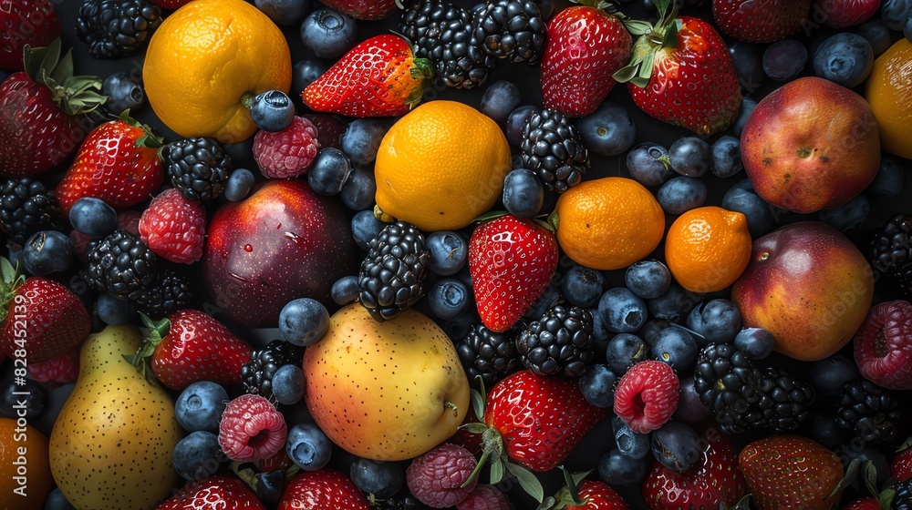 Obraz premium Assortment of fresh fruits and berries, including strawberries, blueberries, blackberries, raspberries, peaches, and pears.