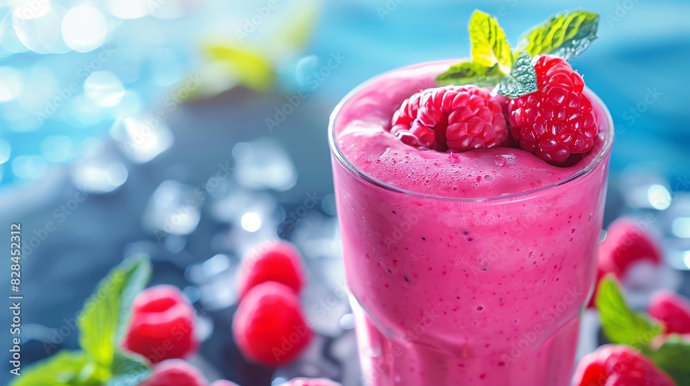 Close-up of a delicious raspberry smoothie with fresh mint.