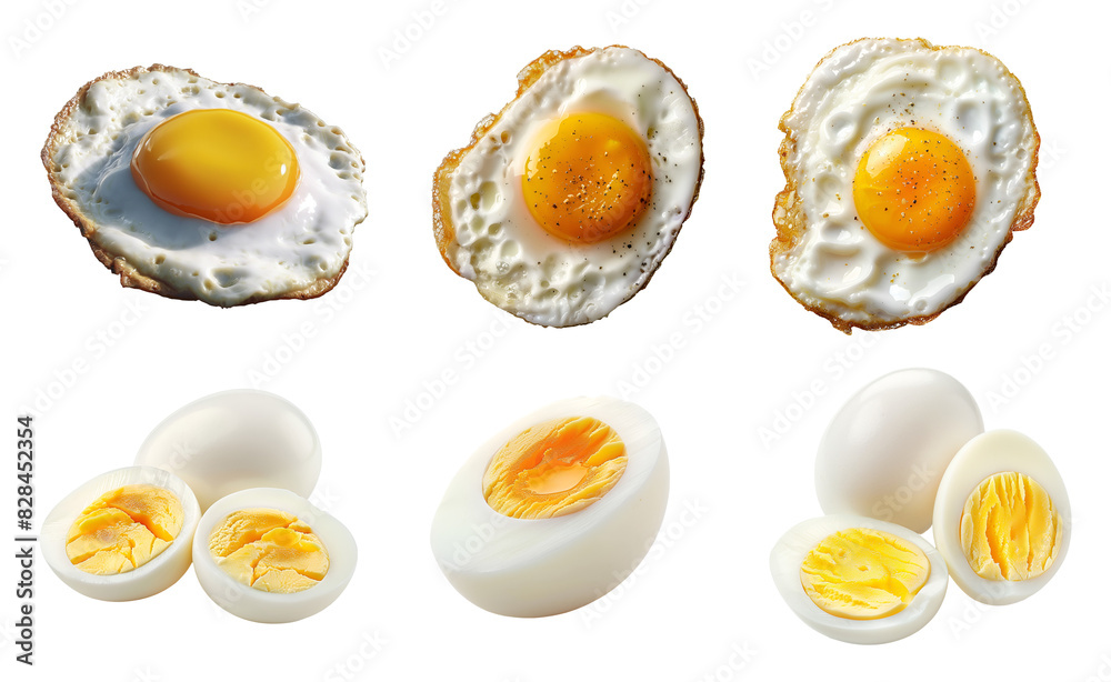 set of boiled eggs and fried egg, half boil, half cut egg, top and side view isolated on transparent background, png file, clipping path set of boiled eggs and fried egg, half boil, half cut egg, top and side view isolated on transparent background, png file, clipping path