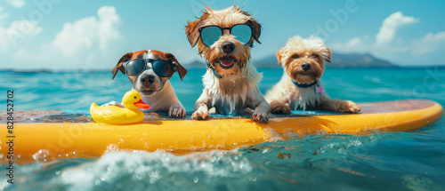 Fun in the Sun - Dogs in Sunglasses Surfing with Rubber Duck Toy in Colorful Ocean Waters photo