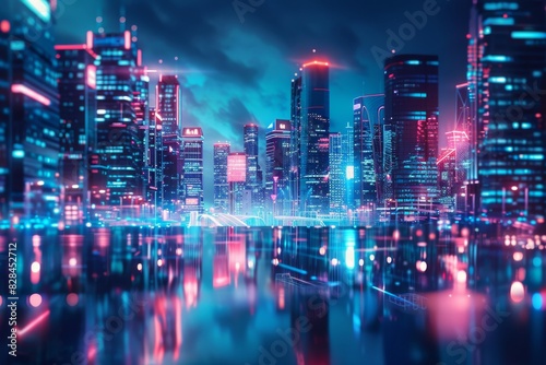 Panoramic urban architecture cityscape with space and neon light effects. Modern hi-tech science futuristic technology concept. Abstract digital high-tech city design for banner background  © imlane
