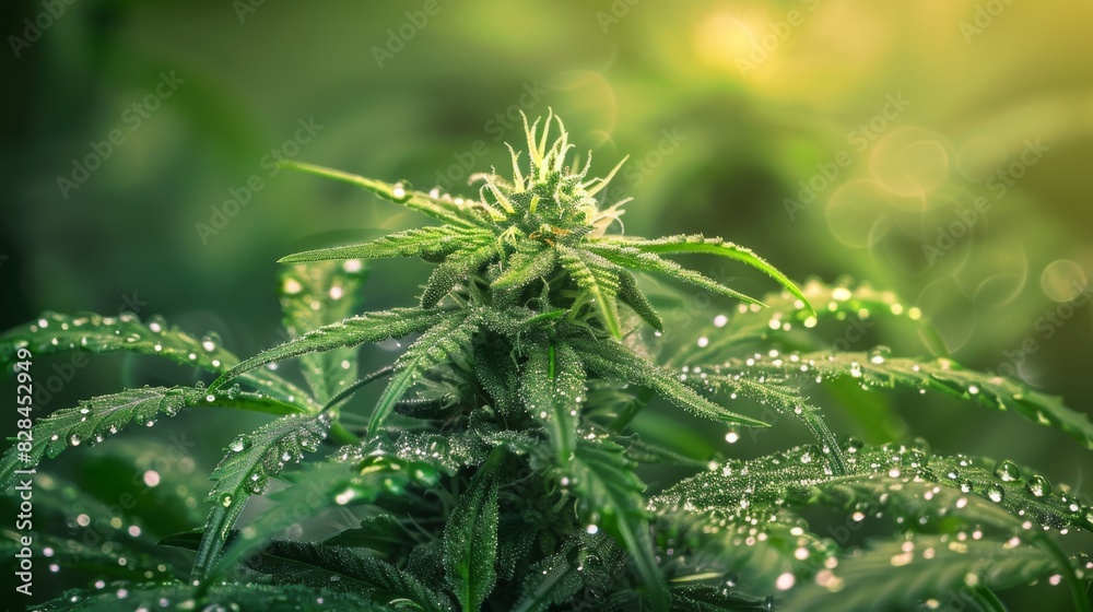 Dew-Covered Cannabis Plant in Sunlight. Close-up of a cannabis plant covered in dew drops, bathed in sunlight, illustrating natural growth and purity. Dew-Covered Cannabis Plant in Sunlight. Close-up of a cannabis plant covered in dew drops, bathed in sunlight, illustrating natural growth and purity.