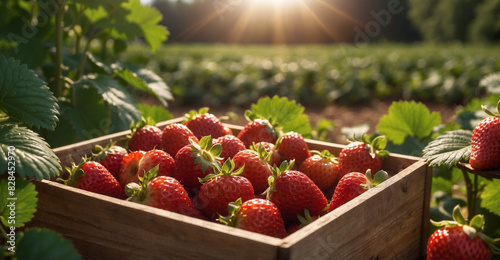bokeh of strawberries packed in wooden boxes on the background of a strawberry plantation