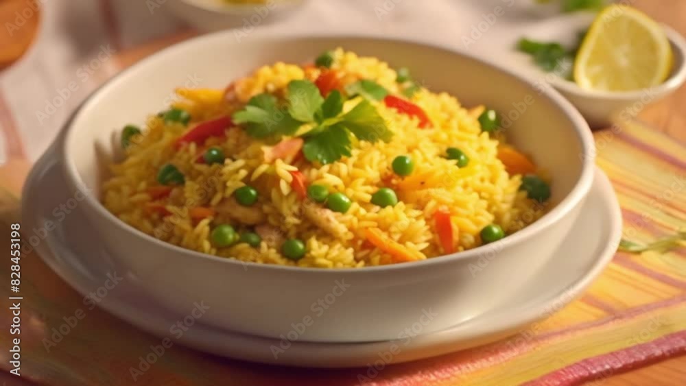 yellow rice served with chicken and steaming vegetables and spices with generative ai yellow rice served with chicken and steaming vegetables and spices with generative ai