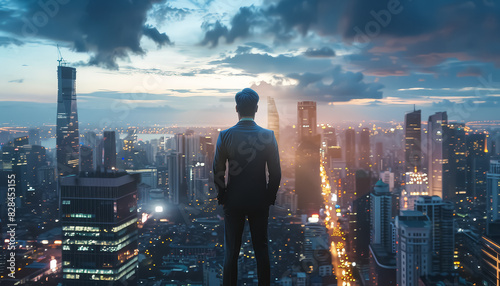 A man stands on a rooftop looking out over a city at night