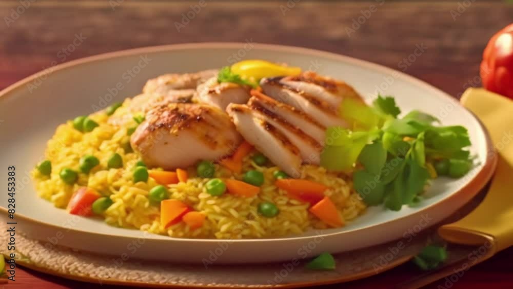 yellow rice served with chicken and steaming vegetables and spices with generative ai yellow rice served with chicken and steaming vegetables and spices with generative ai