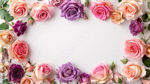 White background with pink, purple, and gold roses forming a border, leaving the middle free for text