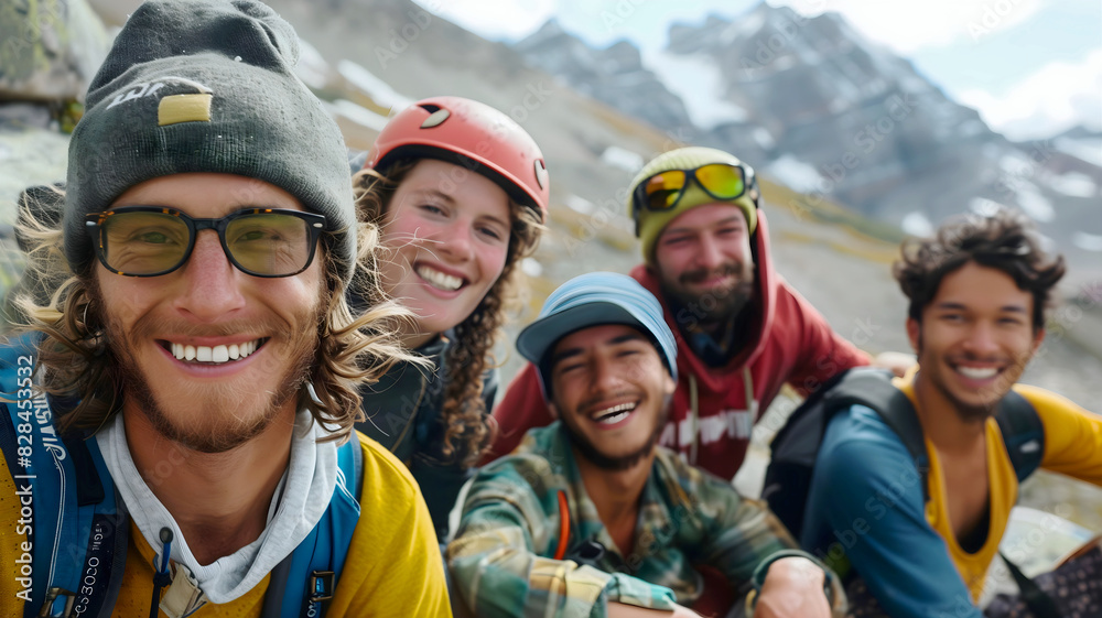 Group of happy people hikers smiling in mountains, adventure and lifestyle concept, diversity, background