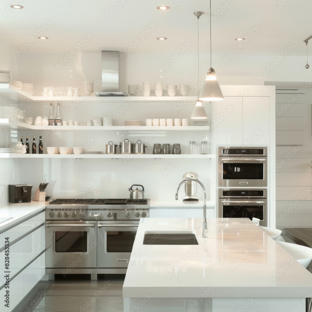 Sleek minimalist kitchen in white with elegant pendant lighting, stainless steel appliances, and open shelving