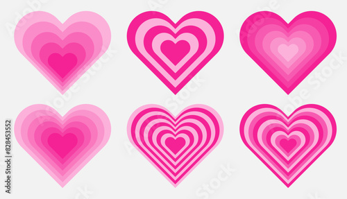 Set of tunnel pink heart. Optical hypnotic elements in trendy 70s, 80s style. Abstract retro shape
