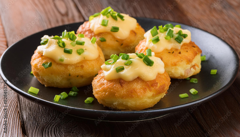Homemade potato donuts with melting cheese and chives. Delicious food. Dish for dinner. Homemade potato donuts with melting cheese and chives. Delicious food. Dish for dinner.