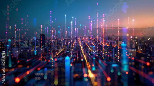 Abstract speed light flow through the city with gradient and aesthetic Intricate lighting design Smart city and big data connection technology concept. 3D rendering 