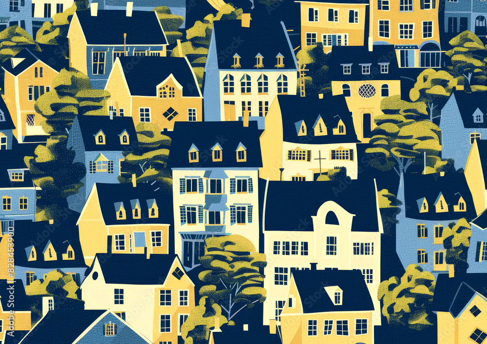 flat color mansion and house in urban landscape town seamless pattern background wallpaper, vibrant color in nightfall and night flat color mansion and house in urban landscape town seamless pattern background wallpaper, vibrant color in nightfall and night