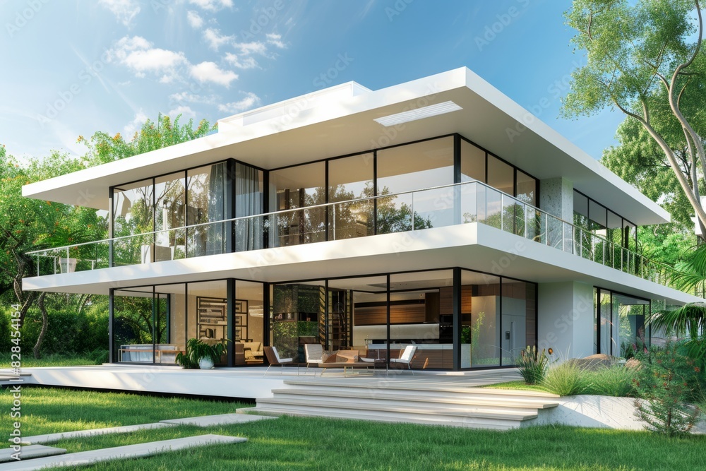 Perspective of white modern luxury house with green lawn yard in day time on tree background Idea of minimal architecture with large wood deck design. 3D rendering 