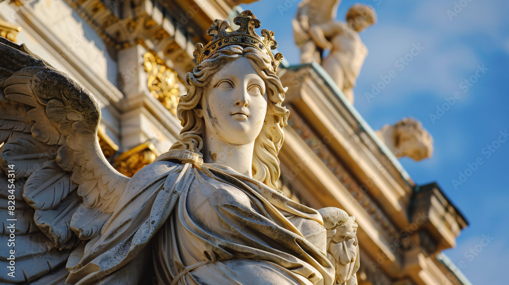 Obraz premium Majestic angel statue, architectural marvel. Close-up of a majestic angel statue, showcasing intricate details and the grandeur of classical architecture.